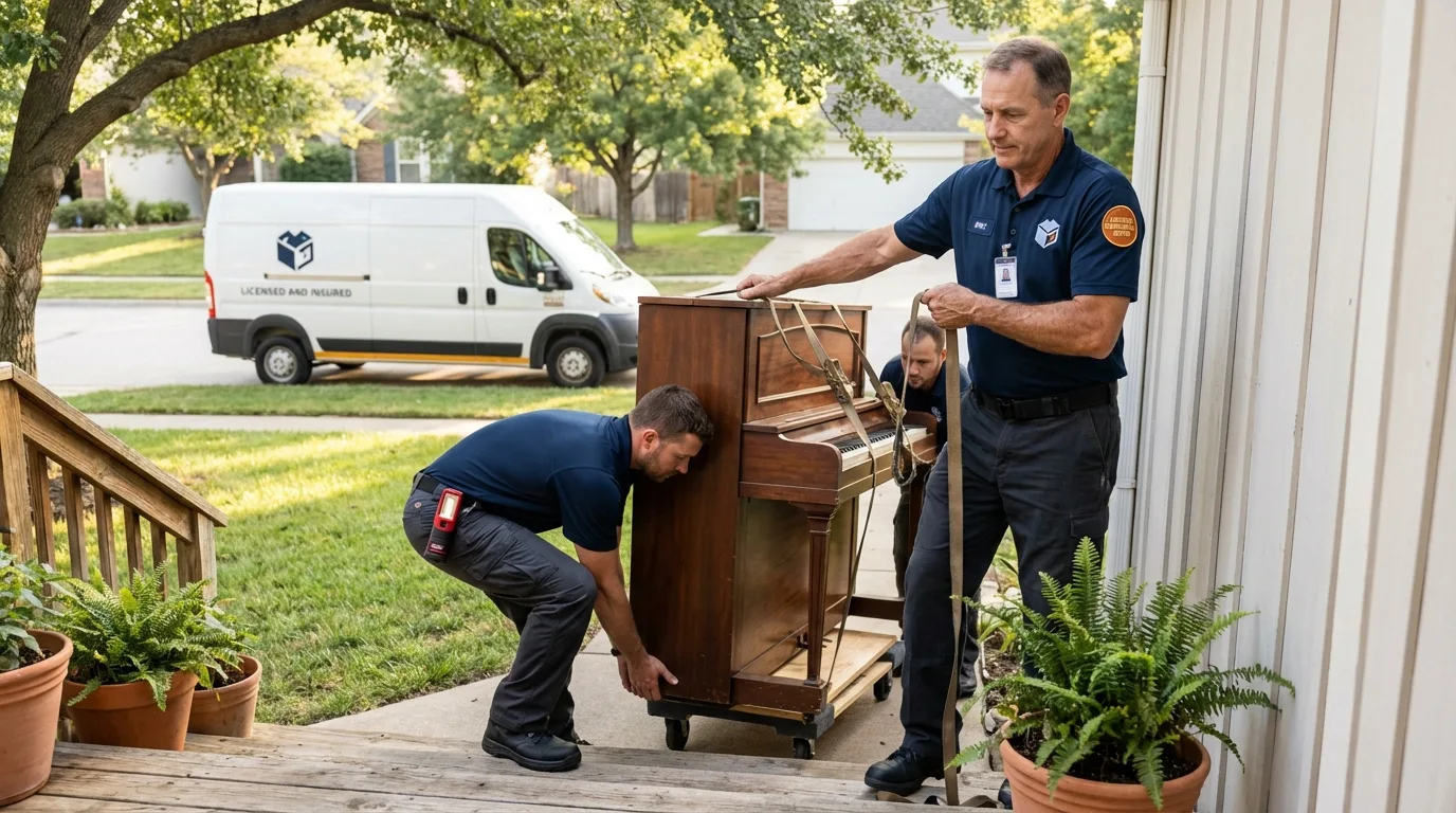 Licensed piano movers securing grand piano in Wauregan, CT