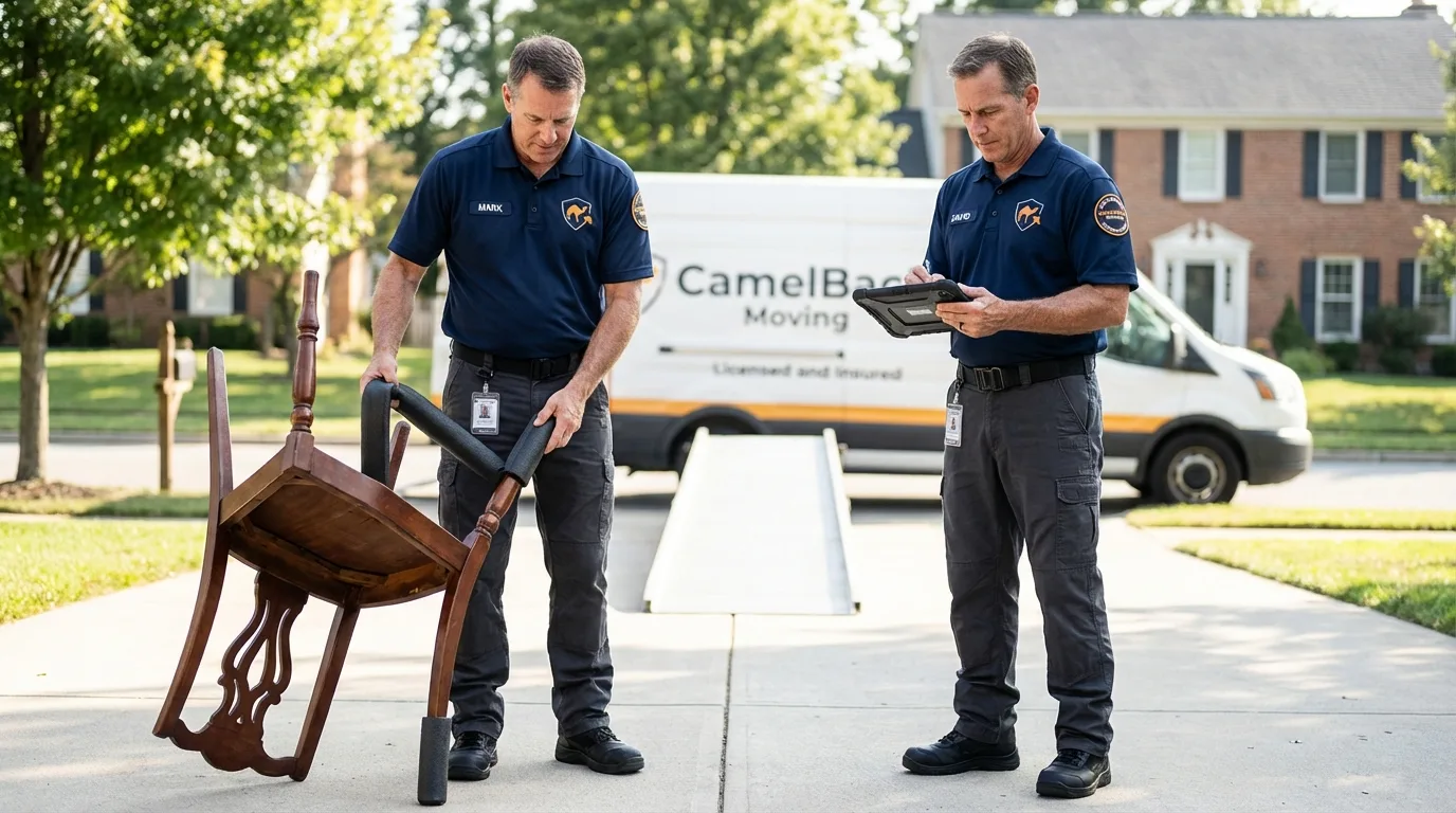 Movers inspecting furniture for damage prevention before loading in Wauregan, CT
